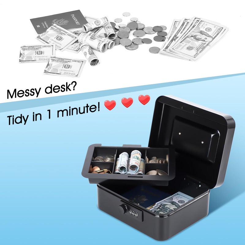 KYODOLED Cash Box with Combination Lock Safe Metal Money Box with Money Tray for Security Lock Box 7.87"x 6.30"x 3.35" Black - Image 3